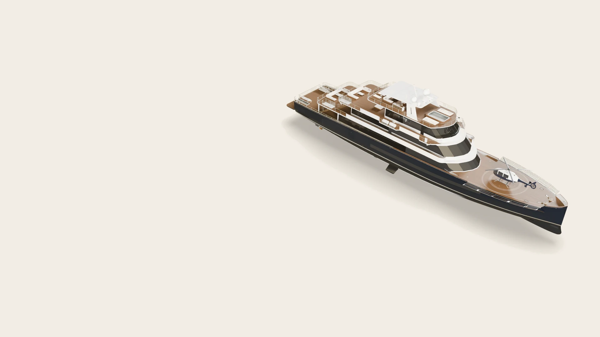 HALCYON VI complete on an ivory set, seen from above her starboard bow.