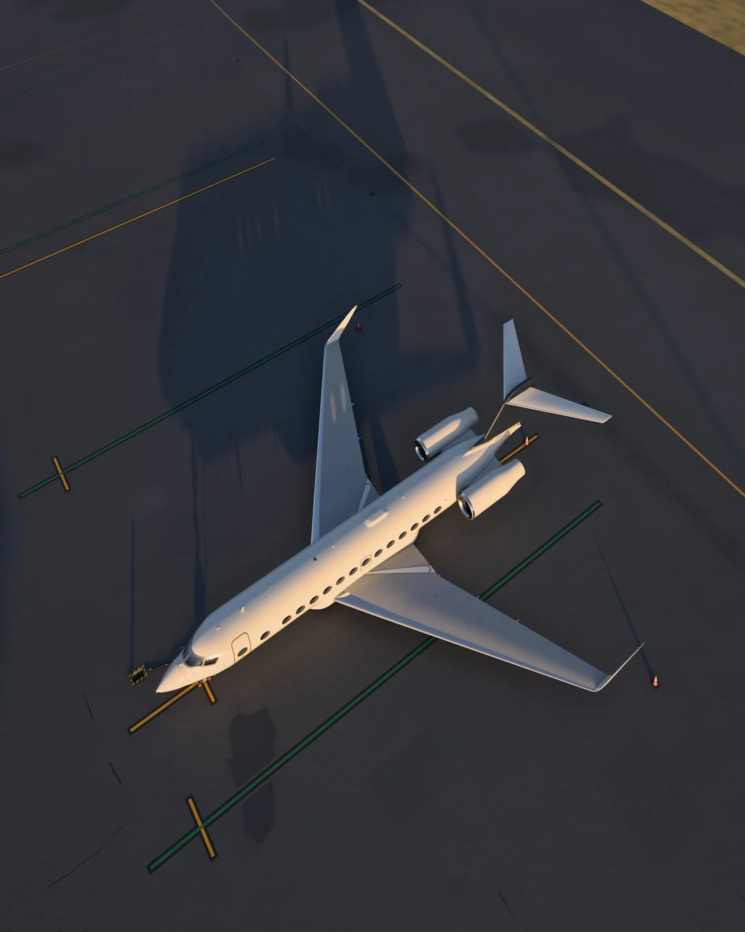 An artist’s impression of LUEUR, an ultra-long-range business jet, seen from above: the whole aircraft on the ramp at Nice in the low golden light, its long shadow across the apron.