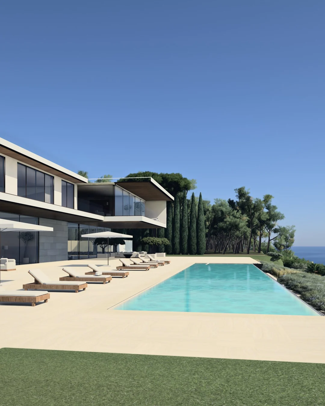 An artist’s impression of MIRALL: a white two-storey house with deep glass fronts above a long pool and its terrace, cypresses and the sea beside it.